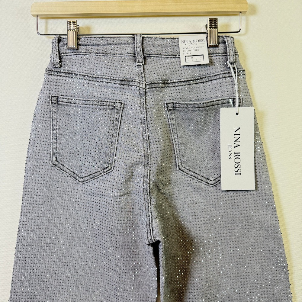 NINA ROSSI Grey Rhinestone Embellished Wide Leg Jeans S - Picture 5 of 8